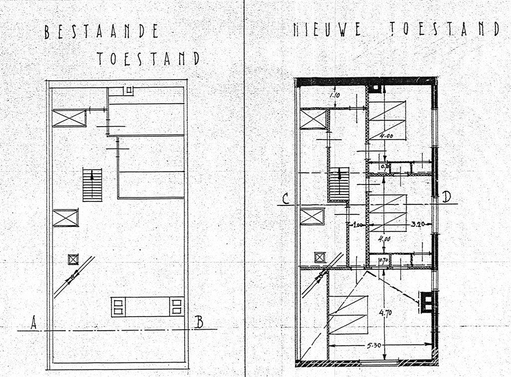 Opmeting van de bestaande plattegrond van de zolder (links) en bouwplan (rechts), volgens de bouwaanvraag voor vernieuwing van de kap door het architectenbureau Hoekzema uit 1934 (archief RO/EZ).