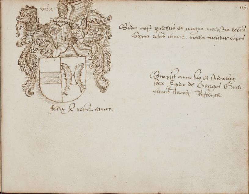 P 073 fol 115r Guiliemus Jacobi Riswyck, [Leiden 1583] Willem Jacobs van Rijswijck Linksboven: W I R = Willem Jacobs