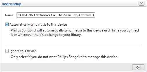 »» Als dit de eerste keer is dat u het apparaat verbindt met Philips Songbird, wordt er een venster weergegeven. Selecteer automatische synchronisatie wanneer u daarom wordt gevraagd.