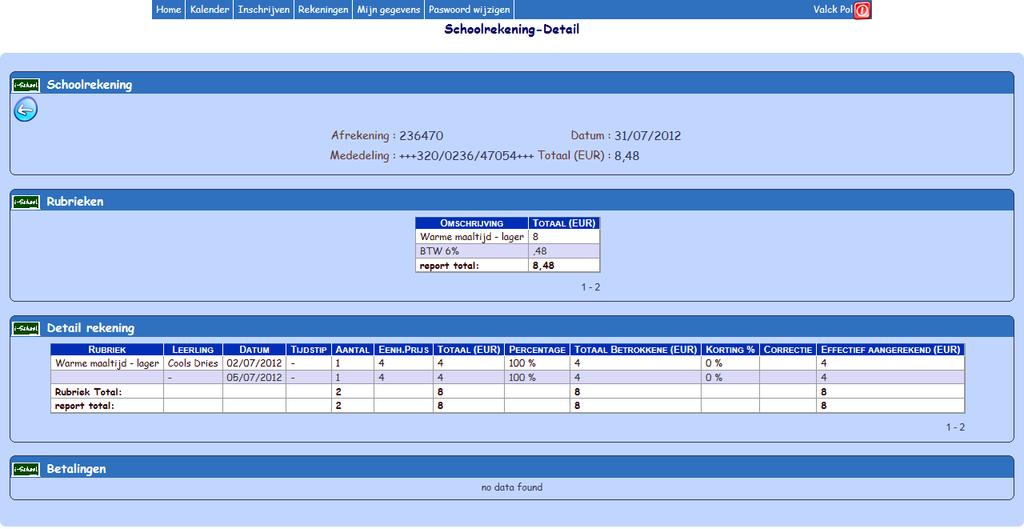 fig. 4: Detail rekening - In de 2 e onderdeel rubrieken wordt een totaalbedrag per kostenrubriek weergegeven.