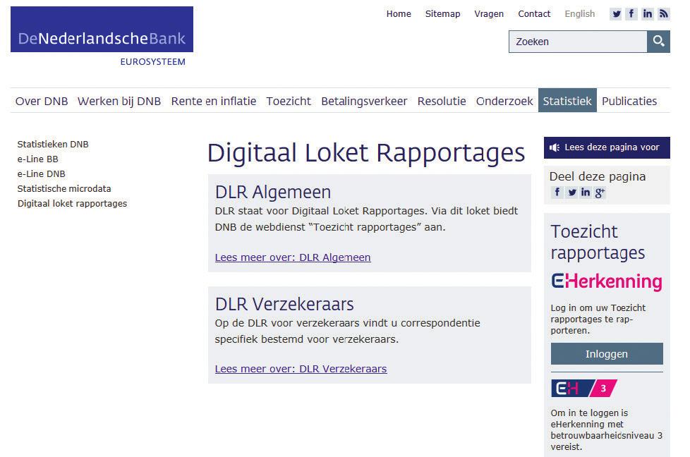 In dit algemene inlogscherm van eherkenning staat vermeld dat betrouwbaarheidsniveau 1 voldoende is om in te loggen. Echter voor inloggen op het DLR is minimaal niveau 3 vereist.