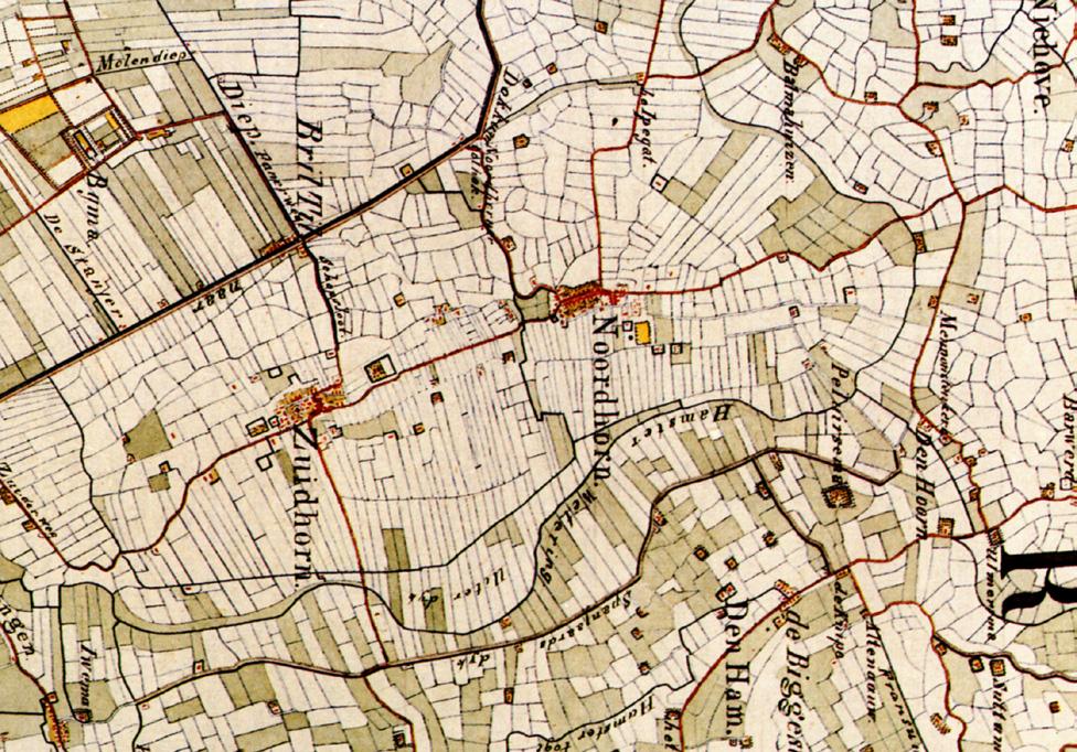 2. Dorpsontwikkeling bodemkaart topografische kaart 1850 tot 1850 Centraal over de noord-zuid lopende horn (zandopduiking in het lager gelegen veengebied) loopt de oorspronkelijke Friesestraatweg