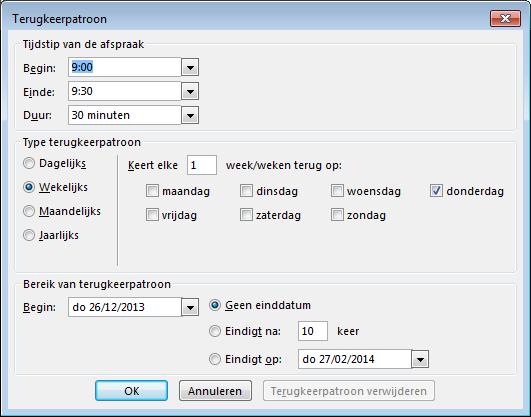 3.2.2 Bijkomende opties 3.2.2.1 Terugkeerpatroon Kies Lint > Tabblad Afspraak > Groep Opties > Terugkeerpatroon als het een afspraak betreft die zich meerdere malen voordoet. 3.2.2.2 Herinnering Kies Lint > Tabblad Afspraak > Groep Opties > Herinnering > Geef de gewenste tijd in.