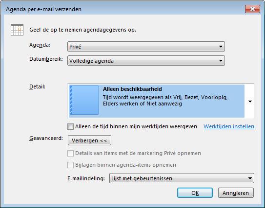 3.5 Agenda per e-mail verzenden Het is mogelijk om jouw agenda te verzenden in een e-mail. De geadresseerde kan dan jouw agenda in de browser of in Outlook openen.