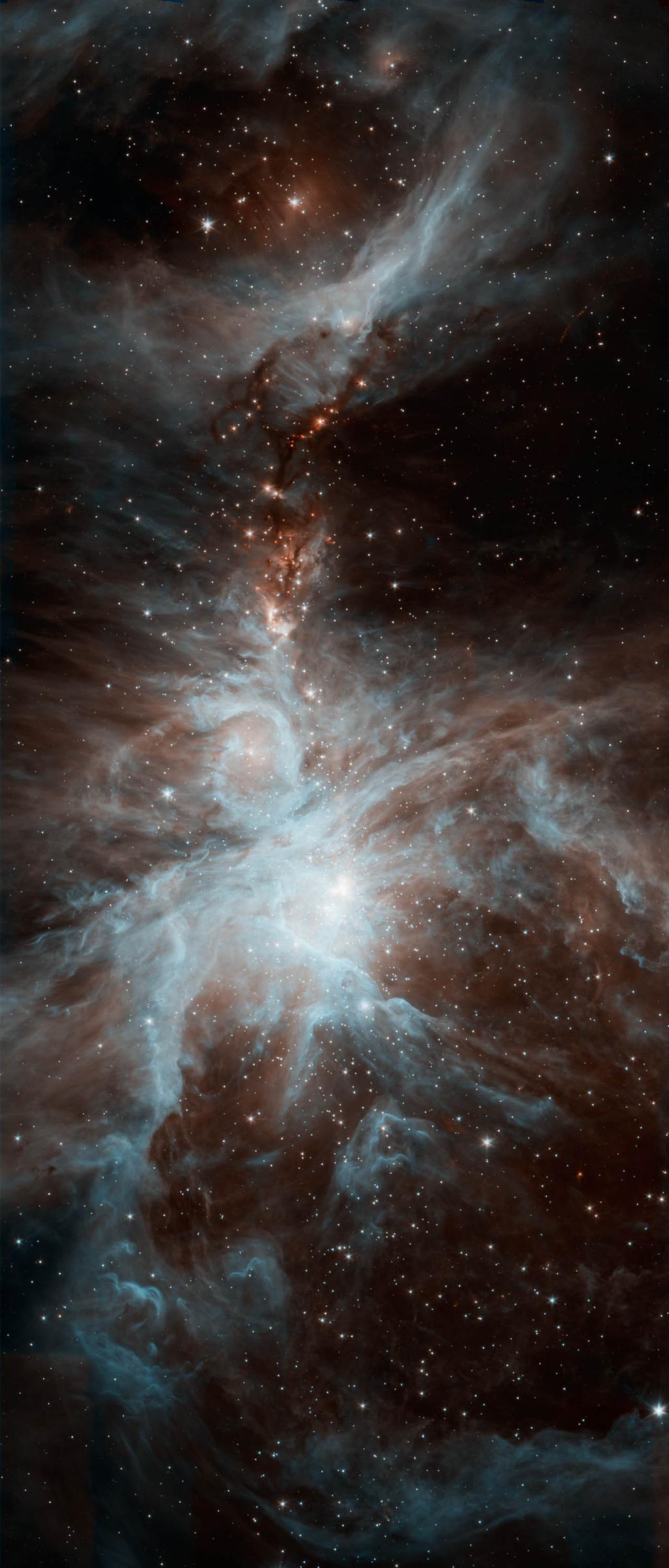 Samenvatting Figure S.1: Een gedeelte van het complex van moleculaire reuzenwolken in Orion, gezien in nabij infrarood licht met de Spitzer ruimtetelescoop.