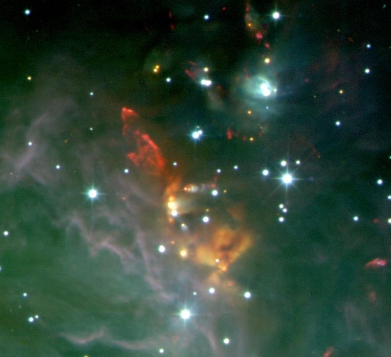 Figure S.2: Linker paneel: Het OMC-2 gebied, een deel van de stellaire kraamkamer in Orion die in Fig. S.1 wordt getoond.