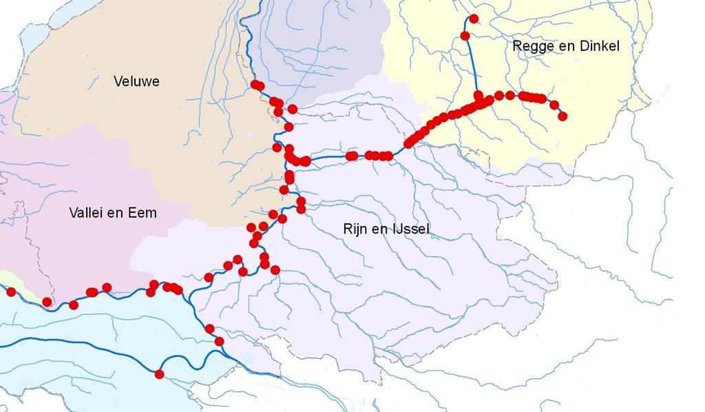 Overzicht beken en zijrivieren die afvoeren op IJssel en Twenthekanalen (vanuit beheergebieden ws Rijn en IJssel en ws Regge en Dinkel) 1: Oude IJssel 2: Grote beek 3: Veengoot 4: