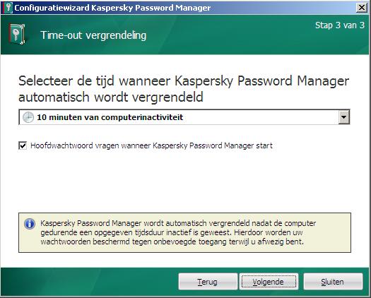 3.Als u de computer een tijdje niet gebruikt kan Kaspersky Password Manager worden vergrendeld. Dan moet u het hoofdwachtwoord invoeren om weer in het programma te kunnen.