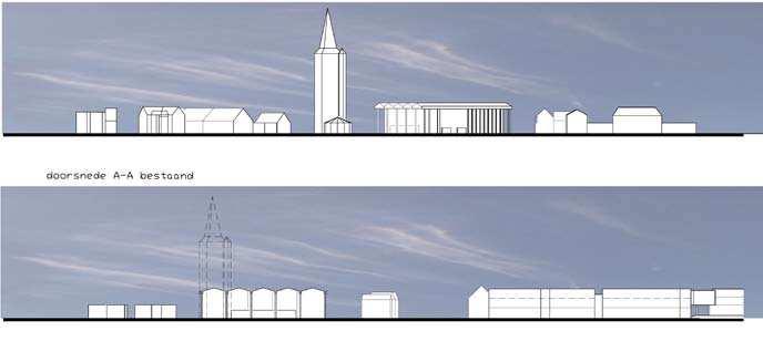 AA nieuwstraat oostzijde huidige situatie BB pleinwand zuidzijde huidige situatie Voor het maken van de wanden van het kerkplein en de verbinding met het raadhuisplein wordt op stedebouwkundig niveau