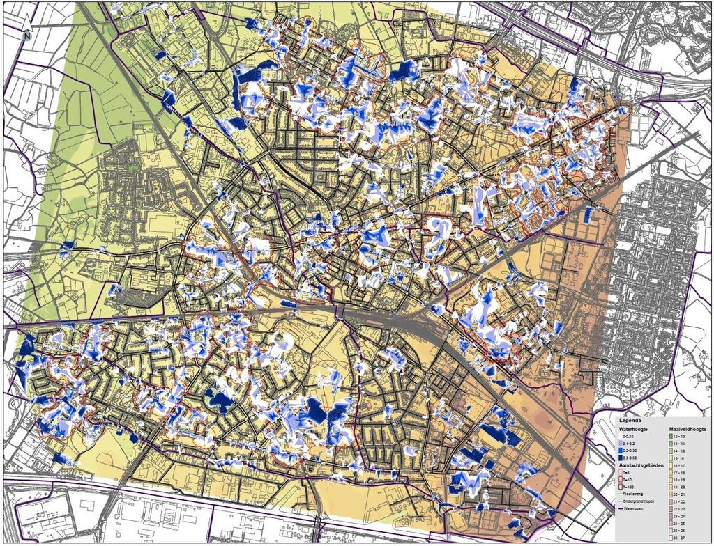 afbeelding 4 Wateroverlastlandschapskaart (T=100 jaar), in de rode cirkels liggen