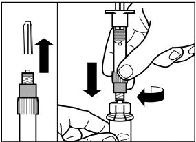 Stap 3 Verwijder de dop van de voorgevulde spuit met oplosmiddel en schroef de spuit op de injectieflaconadapter.