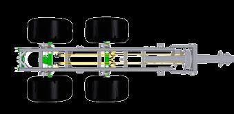 Het chassis, van 760 mm breed ter hoogte van het onderstel, maakt het mogelijk om brede banden te monteren ( 850 mm) zonder echter de grote stuurhoek van de achteras te verminderen.