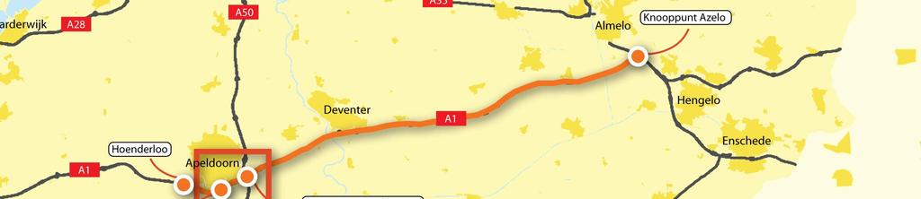 Figuur S.1: Traject Gebiedsgerichte Verkenning A1 (oranje) en tracé Tracébesluit Apeldoorn-Zuid Knooppunt Beekbergen (rood, inzet). Welke maatregelen worden mogelijk gemaakt?