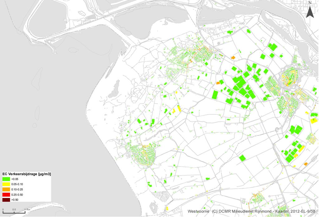 Figuur 5.4 Bijdrage roet of elementair koolstof (EC) als gevolg van het wegverkeer in Westvoorne (DCMR Milieudienst Rijnmond, 2012). Nihil 0.05 0.10 0.25 0.