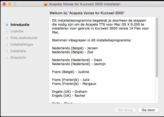 2. Dubbelklik op het gedownloade dmg-bestand. 3. Het installatievenster verschijnt. 2.3.2 Voer de installatie van de stemmen uit Dubbelklik op het toepassingsbestand AcapelaStemmen.