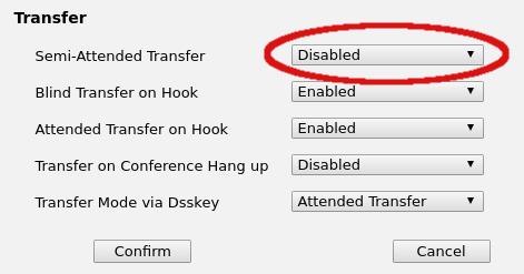 f) Doorverbinden instellen 1. Ga in de web-interface naar Features Transfer 2. Stel de waarden in volgens het screenshot, vooral Semi-Attended Transfer dient op Disabled te staan.