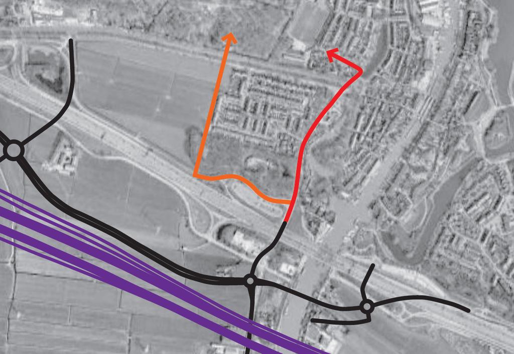 gebruikt. Het aangegeven tracé volgt eerst het meest oostelijke deel van de bestaande Maxisweg (niet gehandhaafd in de plankaart).