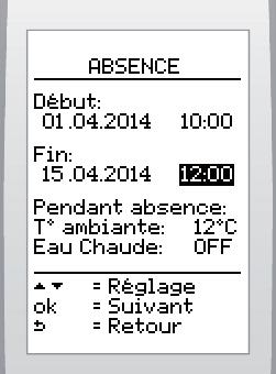 Déf nssez le début et la f n de votre absence (jour et heure). N oublez pas de régler la température ambante. 4.