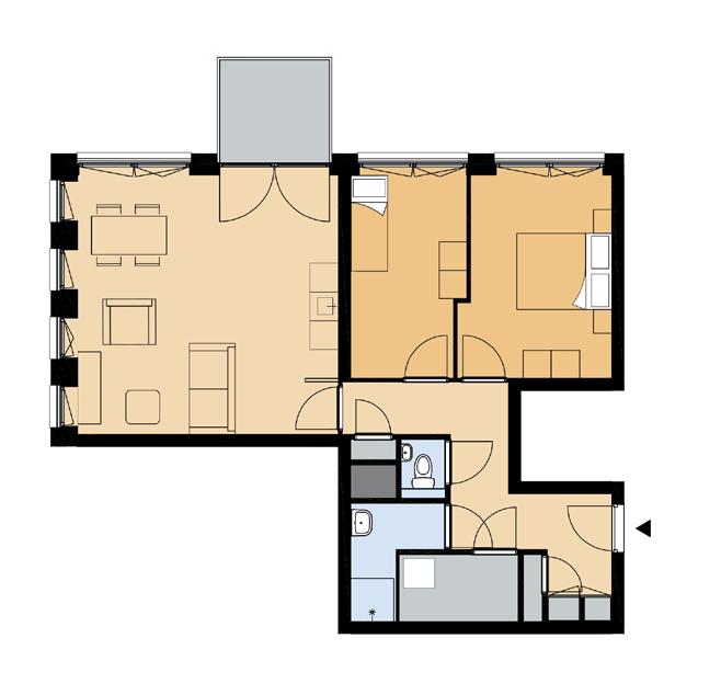 Sociale huurwoning - Plattegrond Woningtype A6-c 3-kamerwoning Woonoppervlakte ca. 76 m 2 Woonkamer ca. 25,8 m 2 ca. 5,6 m 2 2 slaapkamers van ca. 10,1 en 13,2 m 2 ca. 3,4 m 2 Berging inpandig ca.
