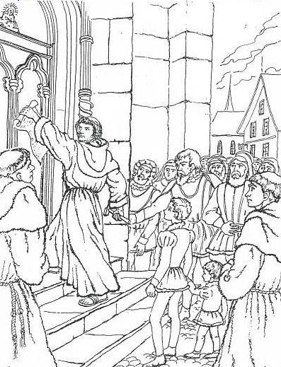 Kleurplaat Maarten Luther slaat de 95 stellingen op de