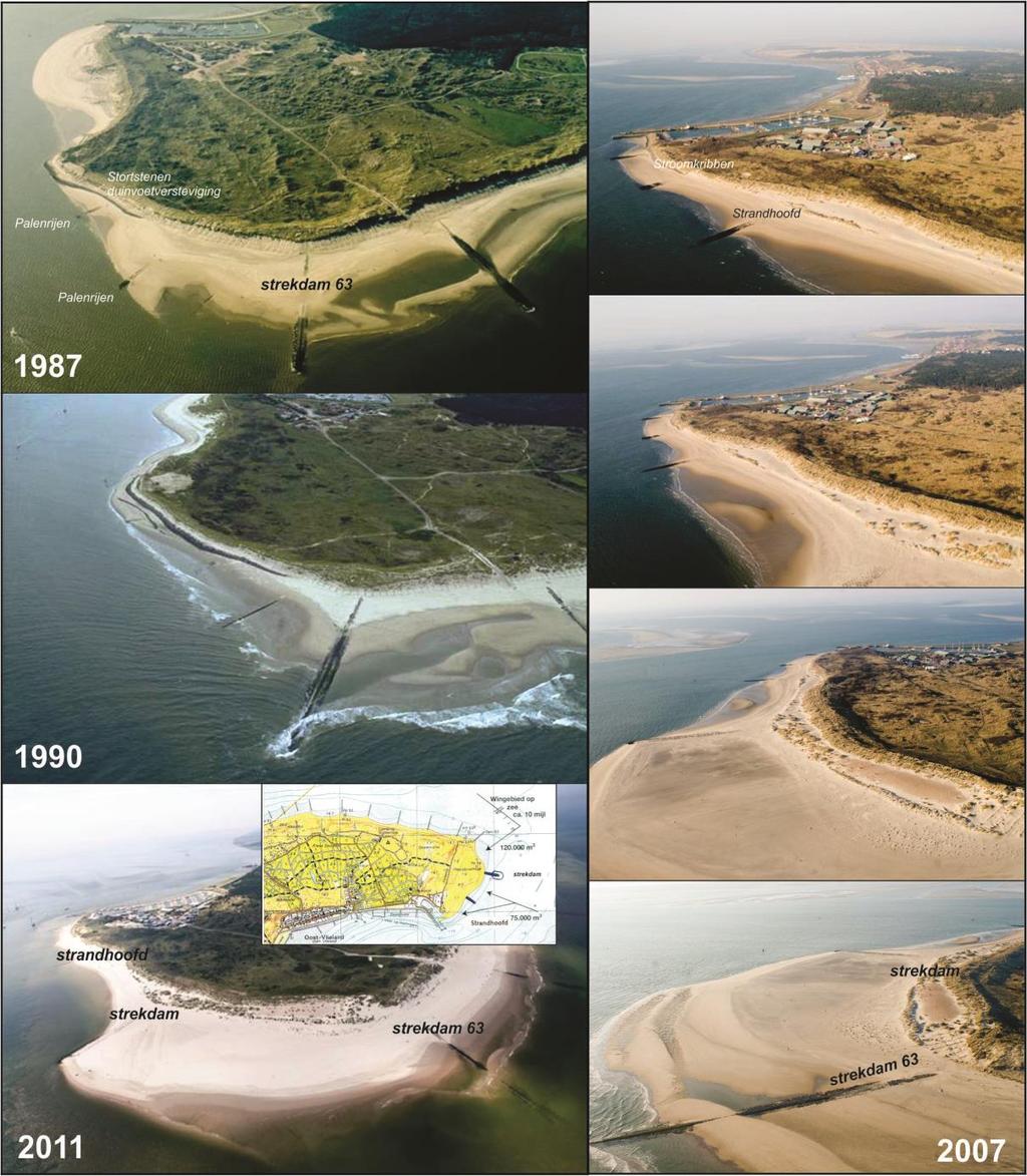 Figuur 3.5 : Kustverdediging aan de Noordoostkop van Vlieland voor de jaren 1987, 1990, 2011 (links) en 2007 (rechts).