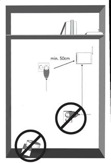 De Hub mag niet horizontaal geplaatst worden of op de vloer liggen. Daarnaast moet de afstand tot de router of eventuele telefooncentrales minimaal 50cm zijn, zoals in de illustratie hiernaast.