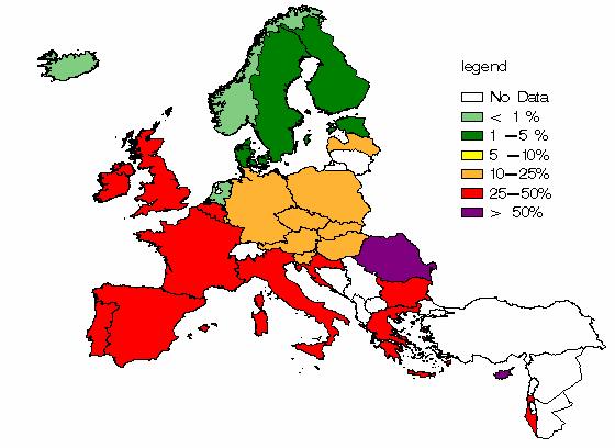 Prevalentie van MRSA uit bloedkweken in Europese