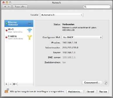 Configuratie onder MacOS X Apple MacOS X 1. Klik op Apple (icoon) > Systeemvoorkeuren > Netwerk. 2.