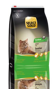 Voor actieve vrijlopende katten van 7 jaar of ouder is SELECT GOLD Outdoor Gevogelte de perfecte keuze. Het aangepaste vetgehalte draagt bij aan een dekking van de verhoogde energiebehoefte.