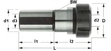 Spantanghouder korte of lange cilindrisch schacht Artikel d1 d2 d3 D l1 l2 L SW type spantang 6502216 16 0,5-10 M 10 28 50 35,0 85,0 19 ER 16-426E 6503425 ¾ 1,0-16 M 12 42 100 46,5 146,5 27 ER