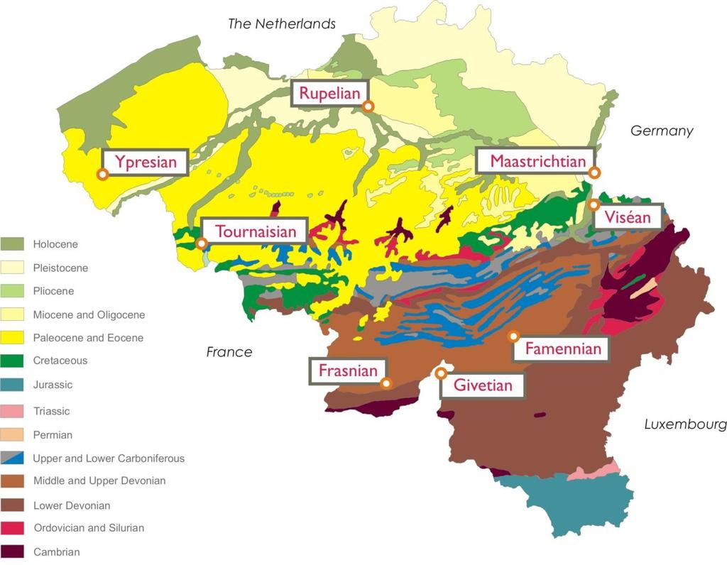 Geologische kaart van België met naamgevers van globale chronostratigraphische tijdperken: 500 miljoen jaar geologische geschiedenis op een klein oppervlak.