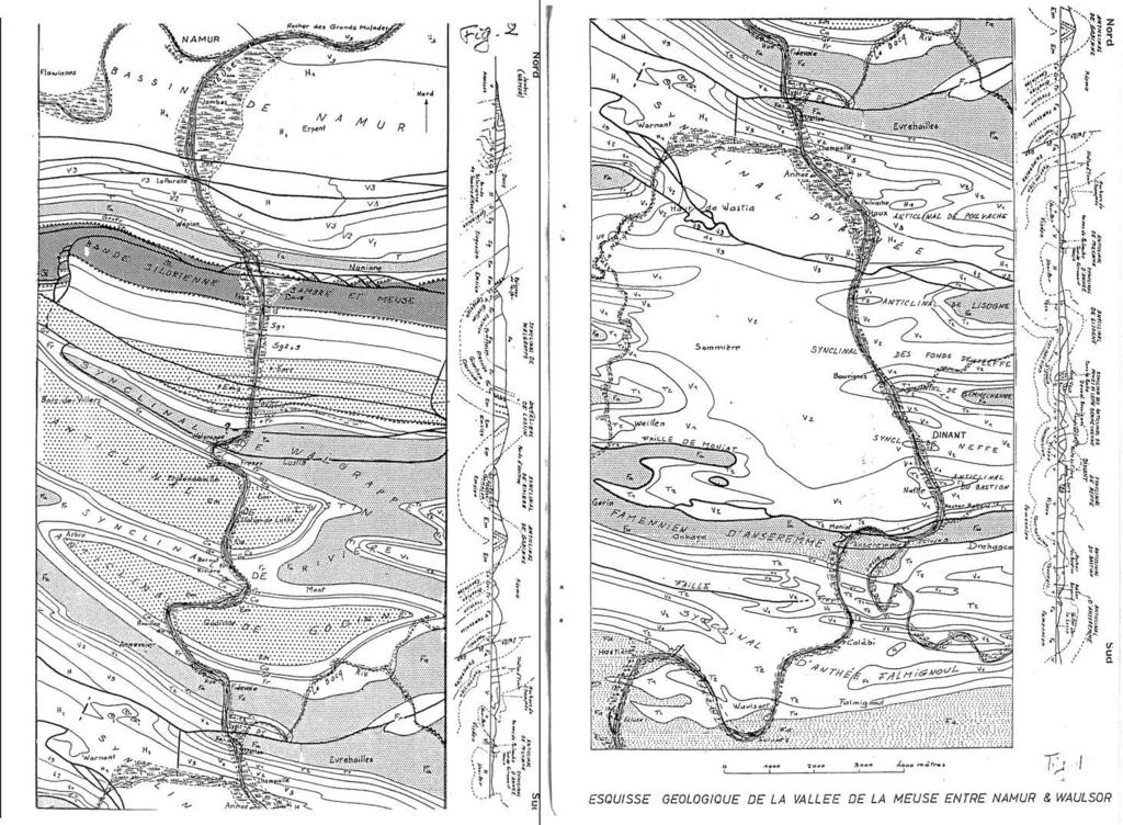 Geologische dwarsdoorsnede met plooistructuren van het klassiek profiel tussen Namen en