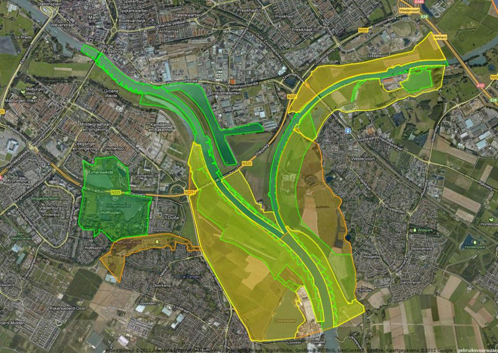 Groene vlakken Ecologische Hoofdstructuur. Gele vlakken Natura 2000 gebieden.