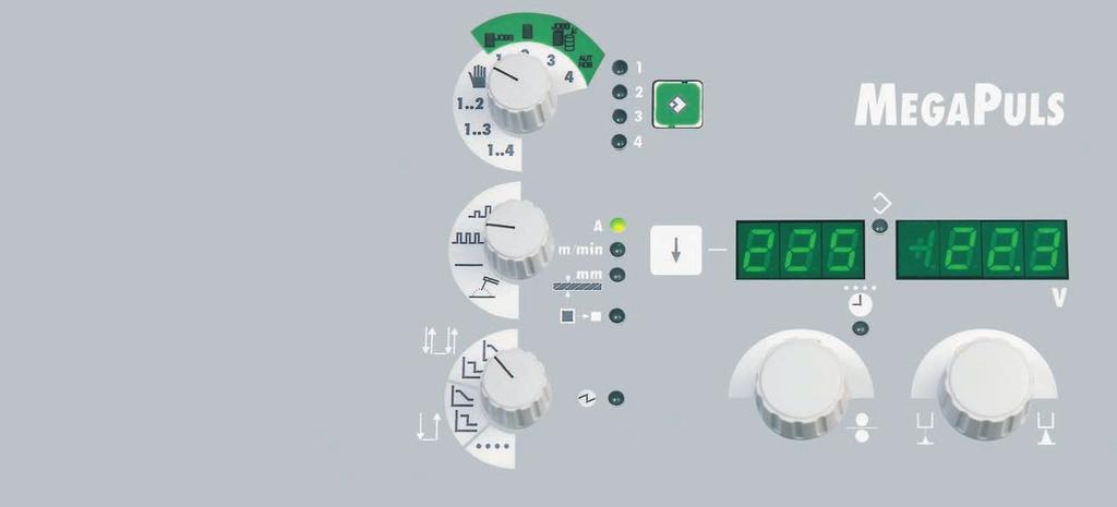 Eenvoudige bediening Programma: opslaan, jobs, werkpunten, manueel Lasproces: dubbelpulsen, pulsen, conventioneel, elektroden Digitaal display: lasstroom, draadsnelheid m/min, materiaaldikte,