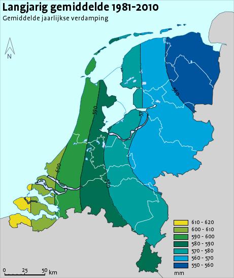 Figuur 4.20. Gemiddelde jaarlijkse neerslagsom in Nederland. (KNMI, Klimaatatlas van Nederland). Figure 4.20. Mean annual precipitation sum in the Netherlands. Figuur 4.21.