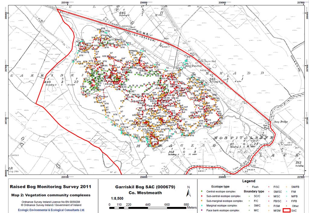 Figuur 8.51. Vlakdekkende kartering van de ecotopen van Mongan bog (County Offaly) op basis van de aanwezige vegetatiegemeenschapcomplexen. Bron: NPWS (2015a).