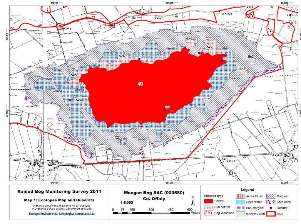 Kartering van de vegetatiegemeenschapcomplexen van Garriskil bog (County Westmeath) die de basis vormt voor het vaststellen van de ecotopen. Bron: NPWS (2015b).