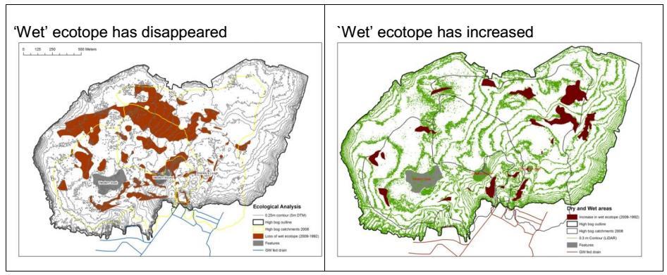 Figuur 8.57. Delen van Clara bog West waar natte ecotopen tussen 1991 en 2009 zijn verdwenen (links) of zijn toegenomen (rechts).