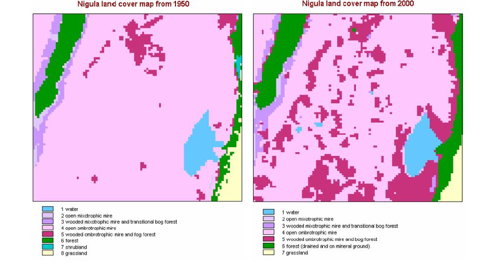Area of the Clara West raised bog where wet ecotope has disappeared (left) and increased (right) since 1991. Source: Streefkerk et al. (2012). Figuur 8.58.