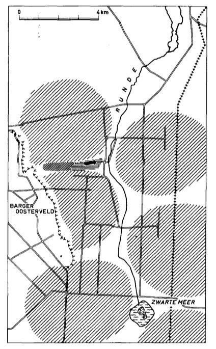 Figuur 2.5. Op basis van paleo-ecologisch onderzoek gereconstrueerde structuur van hoogveenlenzen ten noorden van het huidige Bargerveen.