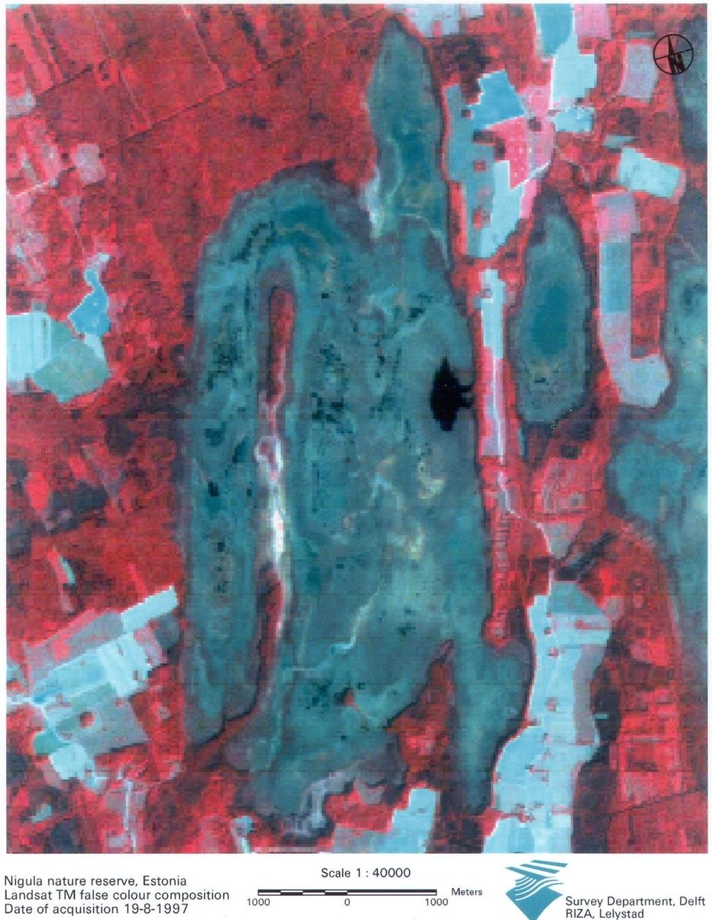 Figuur 3.9. Met satellietfoto s, zoals hier van het hoogveenreservaat Nigula in Zuidwest Estland, kan de variatie in vochtigheid en vegetatiesamenstelling goed in beeld worden gebracht.