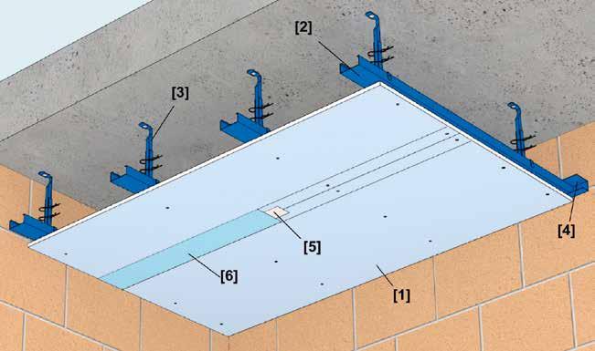 Glasroc H Systeem getest en goed bevonden door het wtcb Buitenplafonds op metalen structuur Luifels, balkonafwerking PlaGyp S C5-M E GH/12,5 Samenstelling Verlaging: 200 mm [1] Glasroc H 12,5 mm [2]