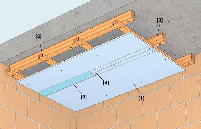 Systeem getest en goed bevonden door het wtcb Buitenplafonds op houten structuur Luifels, balkonafwerking HS E GH P/12,5 Samenstelling Maximale verlaging: 60 mm [1] Glasroc H 12,5 mm [2]