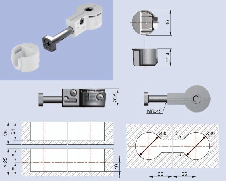 Verbindingsbeslag TABLETVERBINDERS Tabletverbinder type Quick (M8 x 50 mm) - om 2 werkbladen met elkaar te verbinden - voor panelen van minimum 25 mm dik -