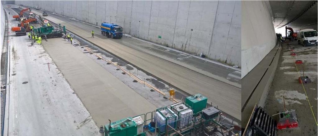 Figuur 1: Aanleg tweelaags doorgaand gewapend beton in open sleuf en in tunnel. 2. Doorgaand gewapend beton als duurzame verharding voor de tunnel 2.1. Tweelaags doorgaand gewapend beton In België wordt DGB al bijna vijftig jaar op grote schaal toegepast.