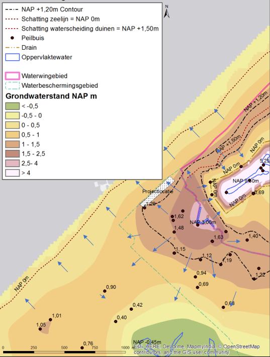 In Figuur 8 is de interpolatie van de grondwaterstanden weergegeven. Deze interpolatie is uitgevoerd met een geografisch informatie-systeem (ArcGIS), met de techniek van de nearest neighbour.