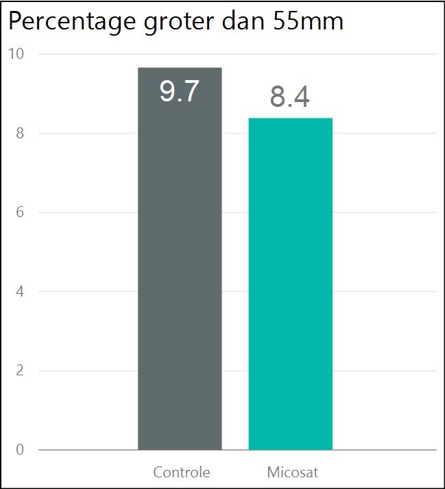 Maatsortering Zoals blijkt uit de algemene resultaten zijn de Micosat-aardappelen iets achtergebleven in de groei. Dit is duidelijk terug te zien in de maatsortering.