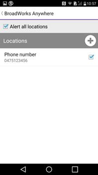 Vink de check-box aan achter uw gsm-nummer om het te activeren en ook de check-box voor Alert all locations zodat alle toegevoegde toestellen in BroadWorks Anywhere tegelijk overgaan.