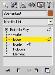 Ga naar het Modify paneel. Klik op het + teken voor Editable Poly en klik op Edge. Een Edge is een lijnsegment.