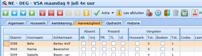 Sluiten Als je een absent melding wilt herstellen: Ga terug naar het lesuur met de absent meldingen, klik op V actie (groen in de balk boven), kies dan voor les afsluiten